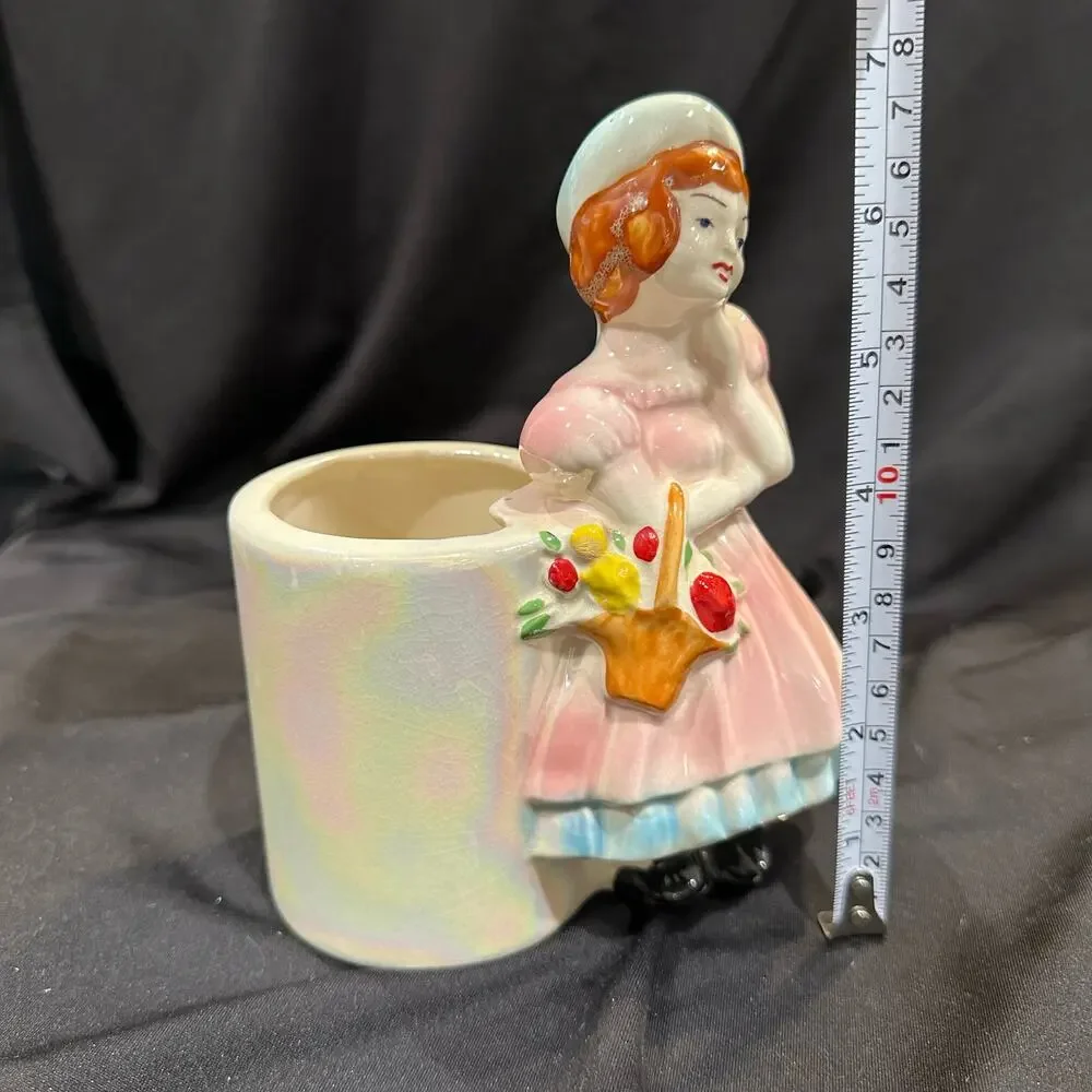 Vintage Girl with Flower Basket Lusterware Planter